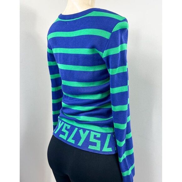 Rare Vintage YVES SAINT LAURENT Blue Green Striped 'YSL' Logo Sweatshirt… - Picture 5 of 12